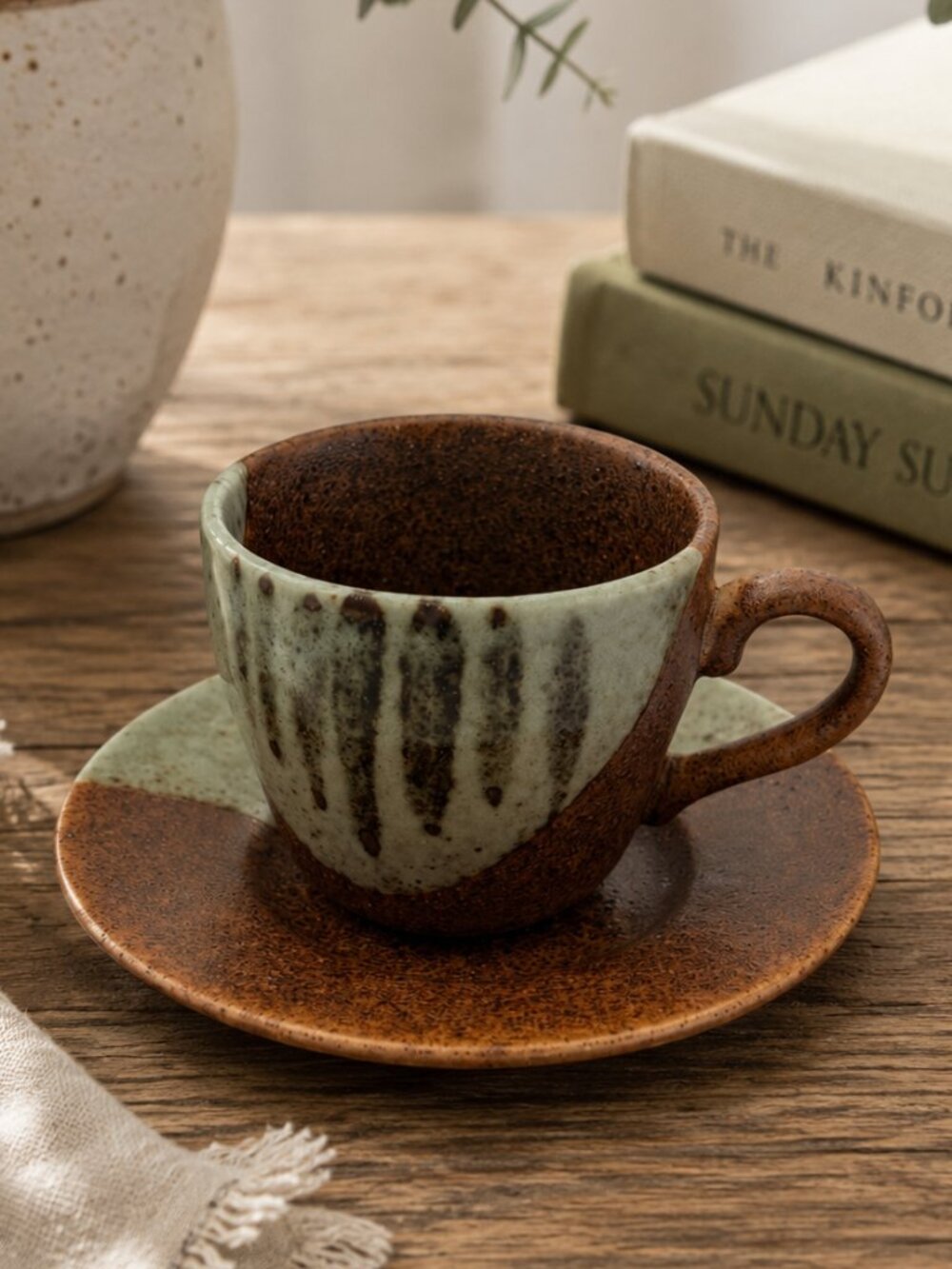 Studio Pottery Espresso Cup & Saucer Brown Sage Drip Glaze